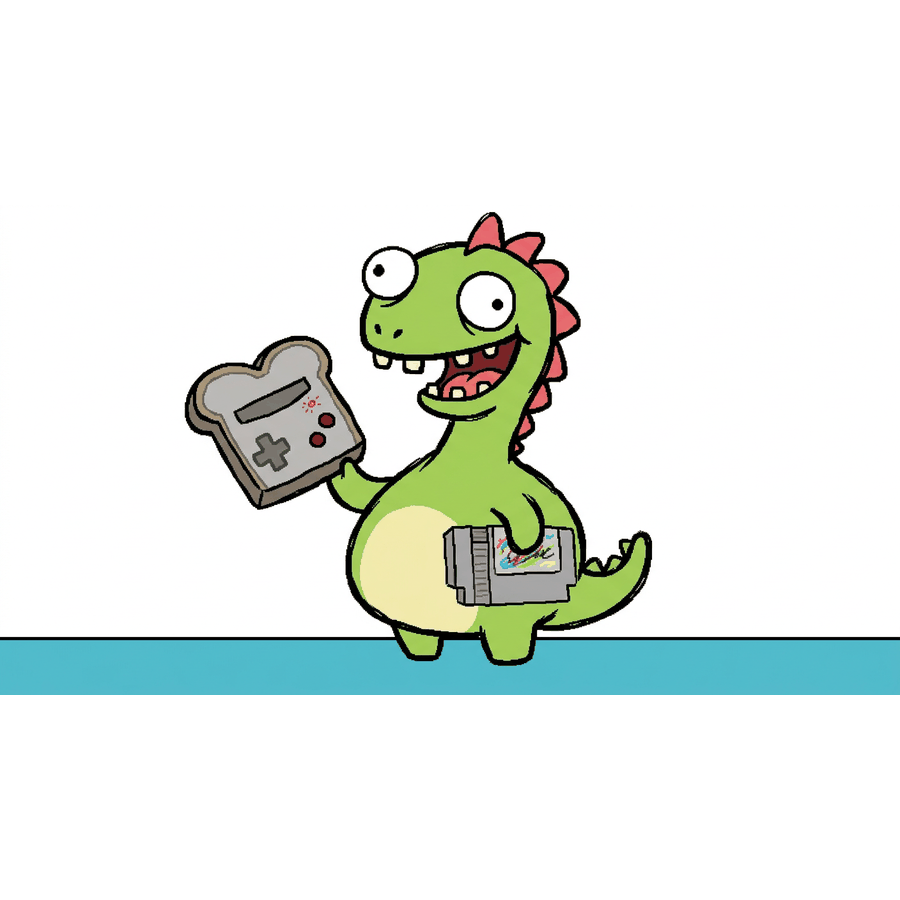 derpy dino holding a toast shaped console